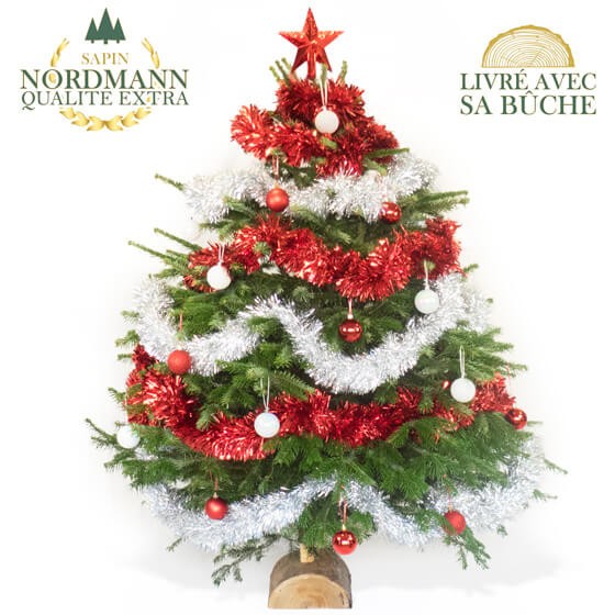 image du Sapin de Noël Décoré Rouge et Argent | Entrefleuristes image du Sapin de Noël Décoré Rouge et Argent | Entrefleuristes