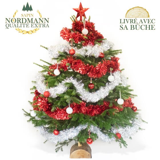 image du Sapin de Noël Décoré Rouge et Argent | Entrefleuristes