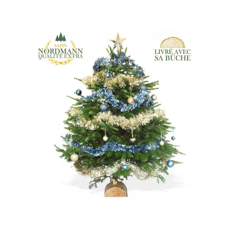 image du Sapin de Noël Décoré Bleu et Or | Entrefleuristes