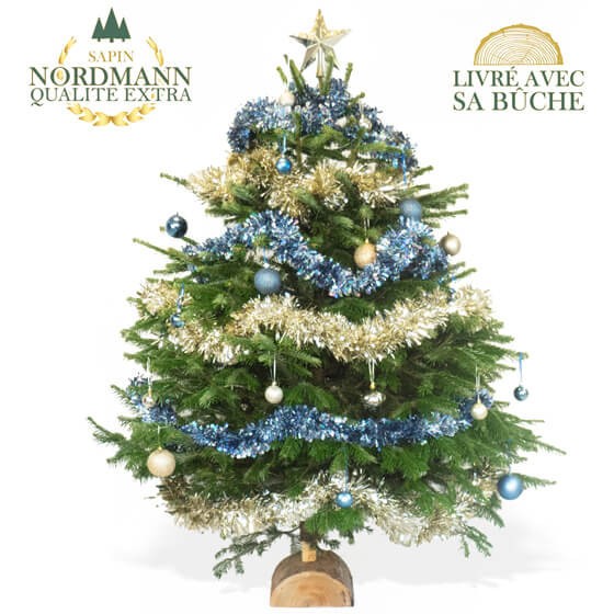 image du Sapin de Noël Décoré Bleu et Or | Entrefleuristes