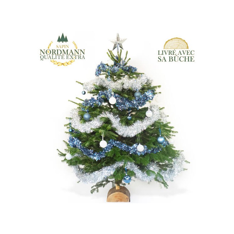 image du Sapin de Noël Décoré Bleu et Argent | Entrefleuristes