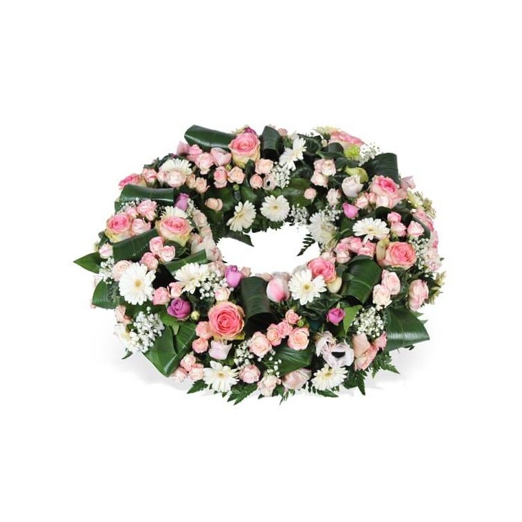 image de la couronne de fleurs rose & blanche Infinie Tendresse | Entrefleuristes