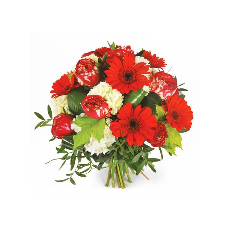 image du bouquet rond de fleurs dans les tons rouges | Entrefleuristes
