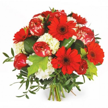 image du bouquet rond de fleurs dans les tons rouges | Entrefleuristes