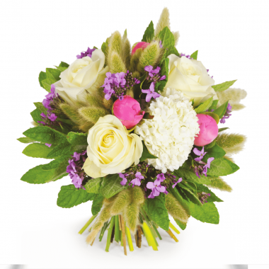 Image de Panache, bouquet rond blanc & rose - Entrefleuristes