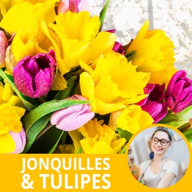 image du Bouquet du fleuriste Jonquilles et de Tulipes Colorées - Entrefleuristes