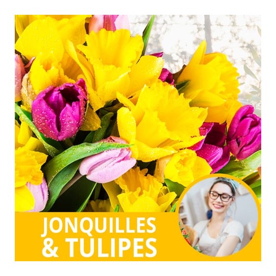 image du Bouquet du fleuriste Jonquilles et de Tulipes Colorées - Entrefleuristes image du Bouquet du fleuriste Jonquilles et de Tulipes Colorées - Entrefleuristes