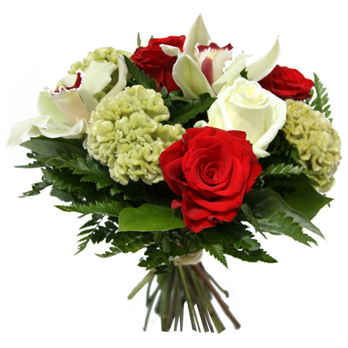 Gros Baisers Bouquet Rond Courtes Tiges Dans Les Tons Rouge