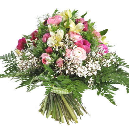 livraison bouquet rond de saison avec renoncules rose et blanches