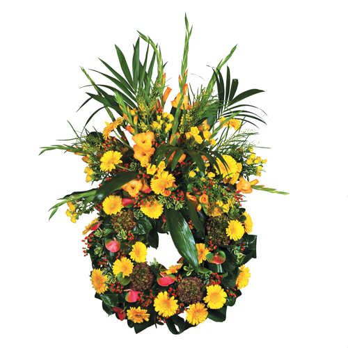 Superbe Couronne Fleurs Deuil Lumiere Fleurs Jaunes Orange Oeillets Mimosas Glaieuls Entrefleuristes Superbe Couronne Fleurs Deuil Lumiere Fleurs Jaunes Orange Oeillets Mimosas Glaieuls Entrefleuristes