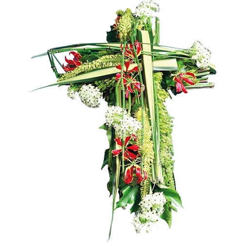 Foi : croix fleurs colorée pour deuil enterrement