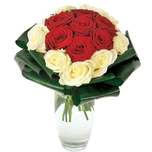 bouquet rond roses blanches et roses rouges