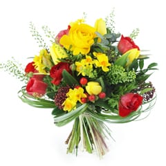 miniature du Bouquet de jonquilles, anémones, renoncules et tulipes rouge et jaune Catalogne