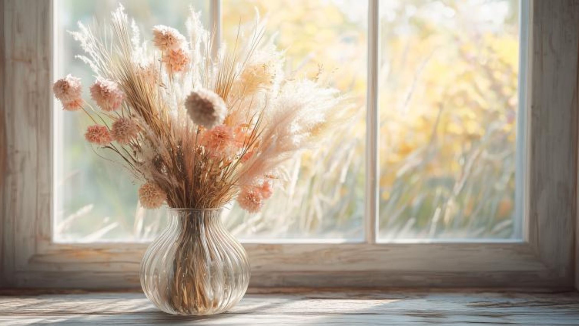 composition de fleurs séchées dans un vase en verre