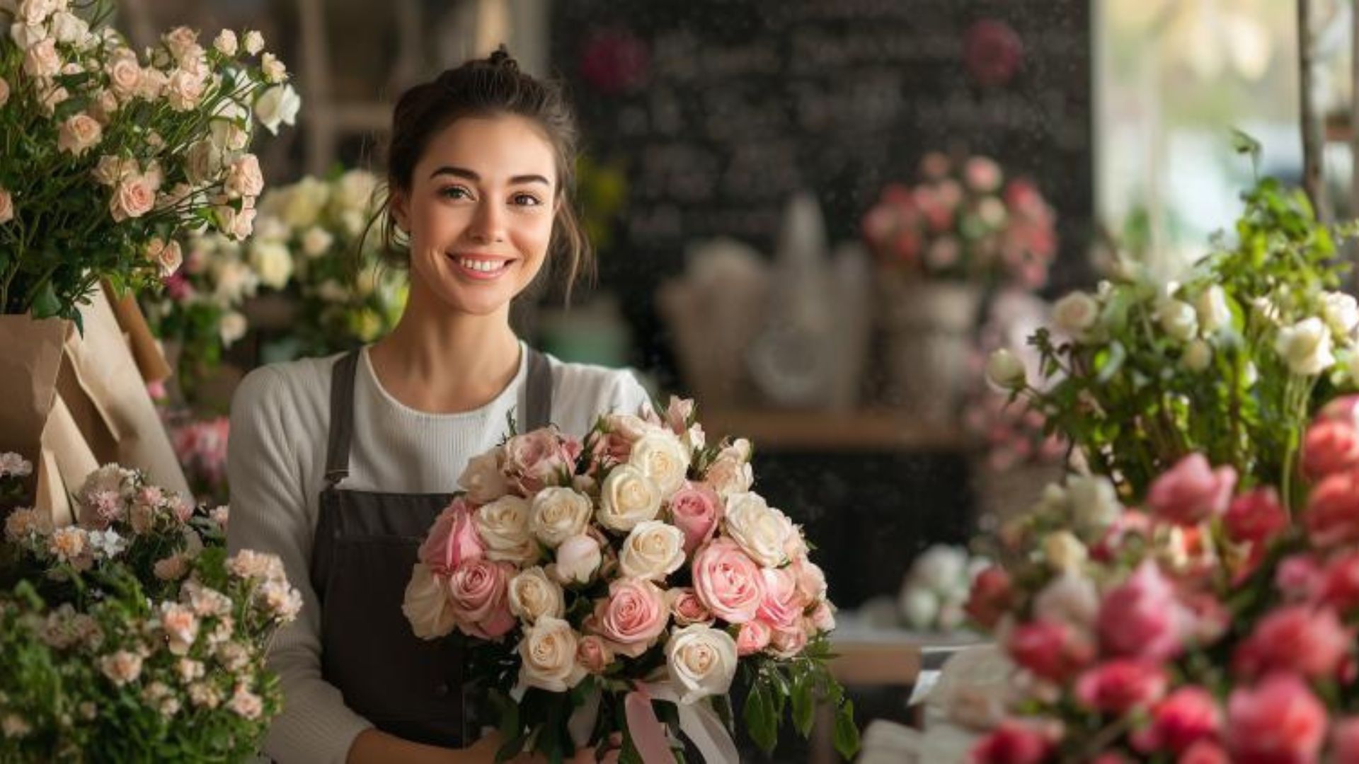 Fleuriste créant un bouquet de roses personnalisé pour un anniversaire