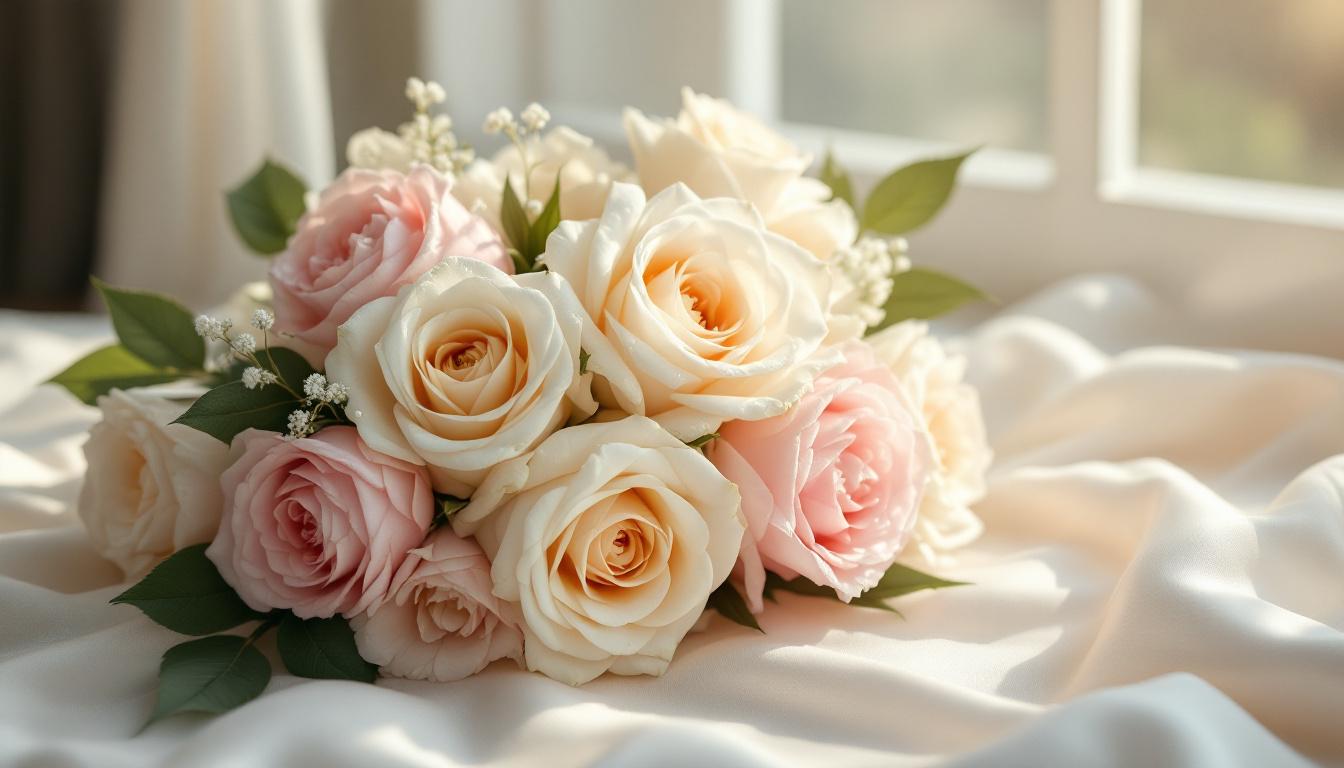 Roses blanches et pivoines dans un bouquet de mariage élégant
