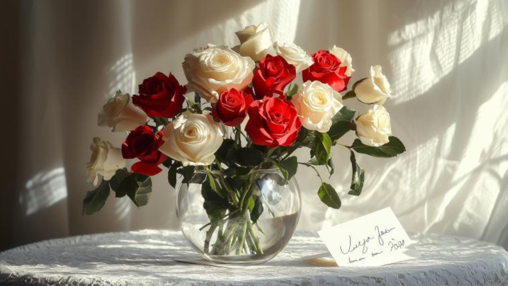 Bouquet de roses rouges et blanches pour un anniversaire de mariage