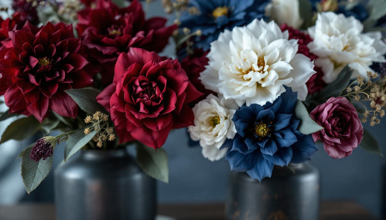 Arrangements floraux masculins aux couleurs bordeaux, bleu marine et blanc
