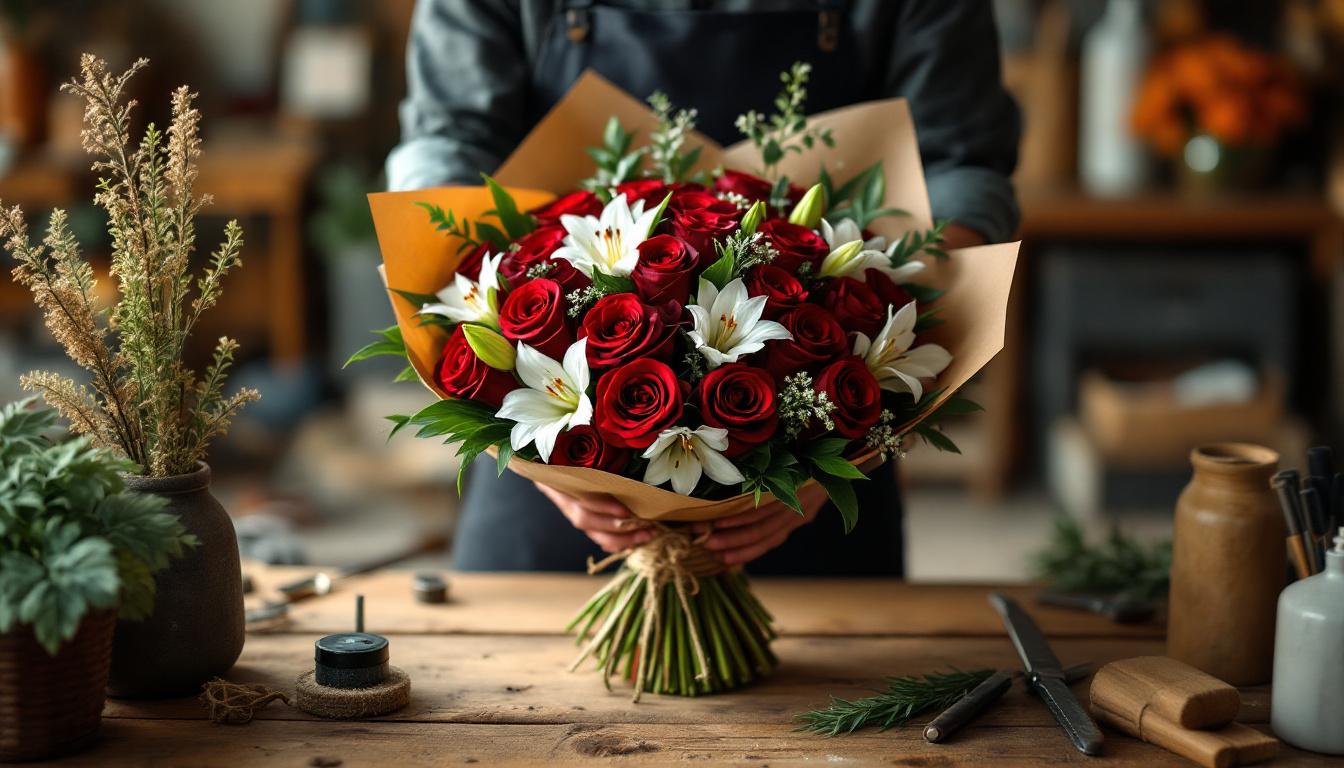 Fleuriste composant un bouquet masculin linéaire avec roses sombres et lys blancs