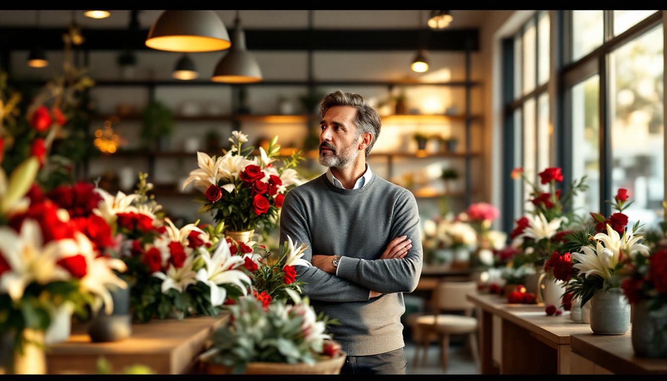 Homme d'affaires recevant un bouquet d'orchidées blanches au bureau