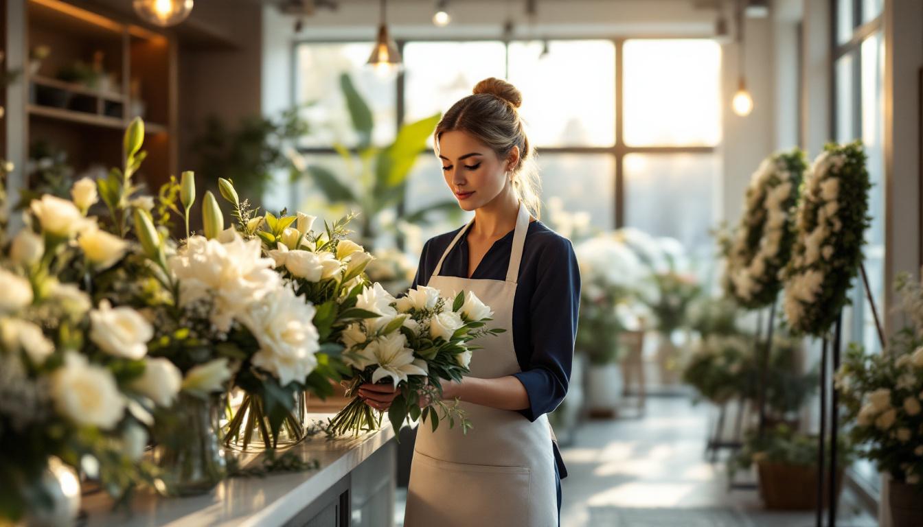 Femme élégante choisissant des fleurs blanches pour enterrement