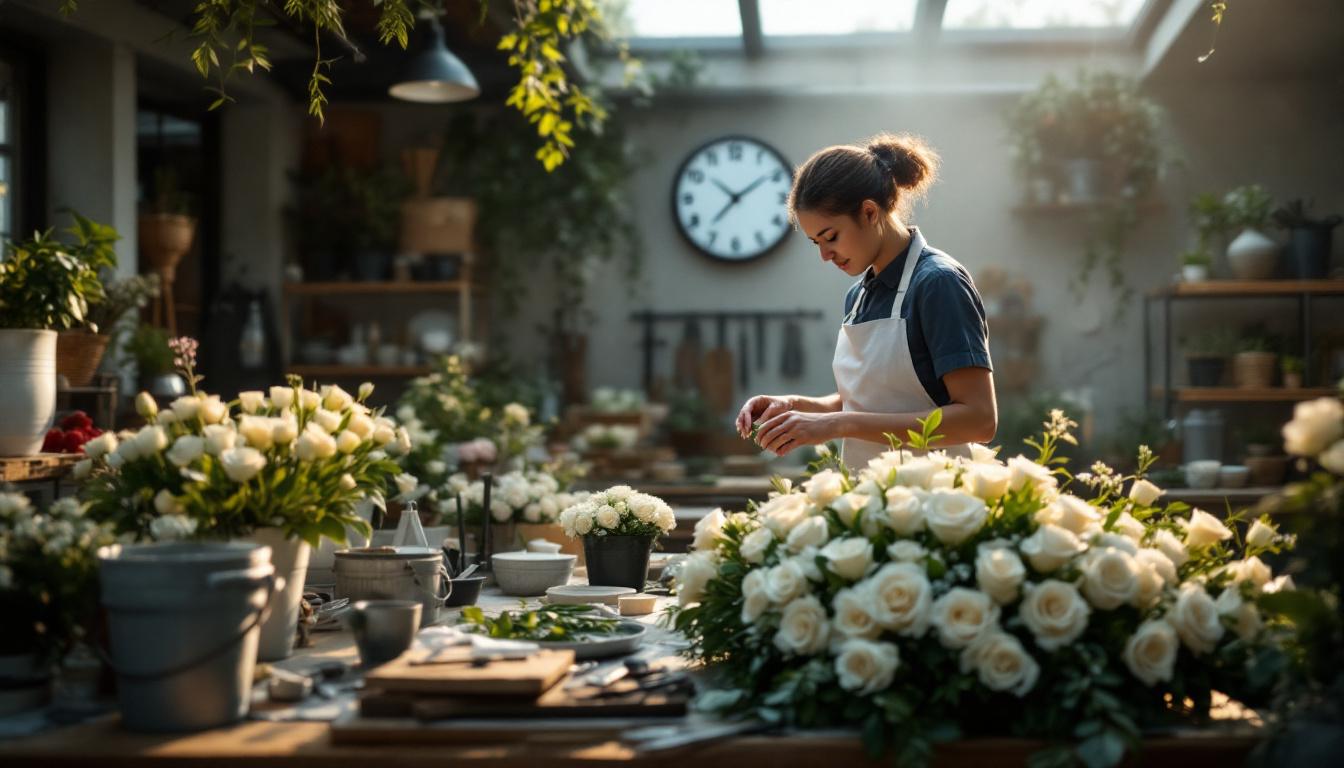 Fleuriste artisan préparant commande urgente fleurs deuil