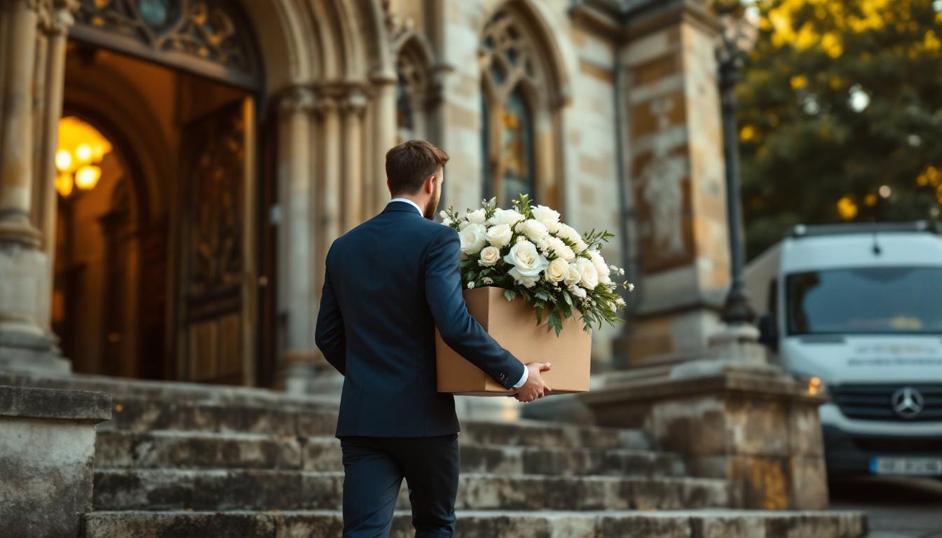 Livreur fleurs professionnel transportant gerbe funéraire devant église