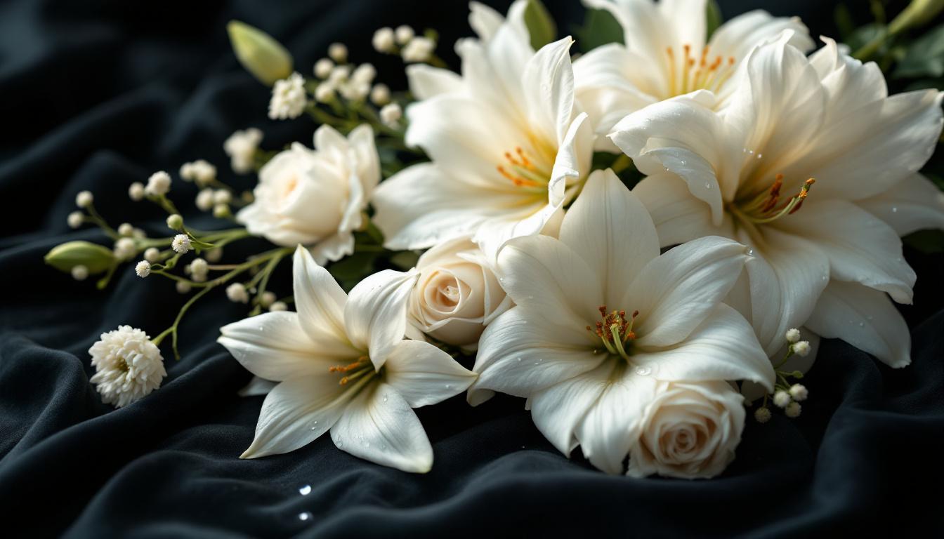 Roses blanches lys chrysanthèmes fleurs deuil