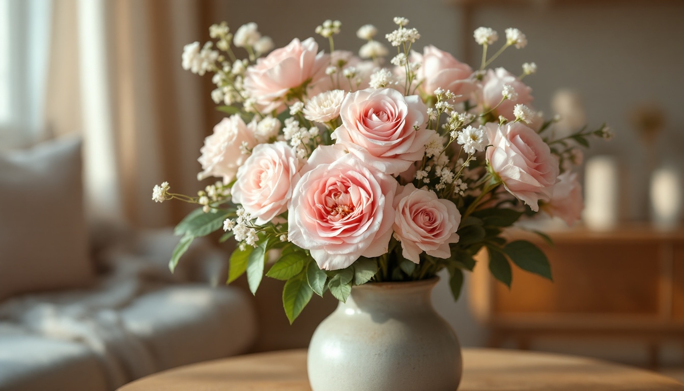 Bouquet de fleurs rose tendre évoquant douceur et tendresse maternelle