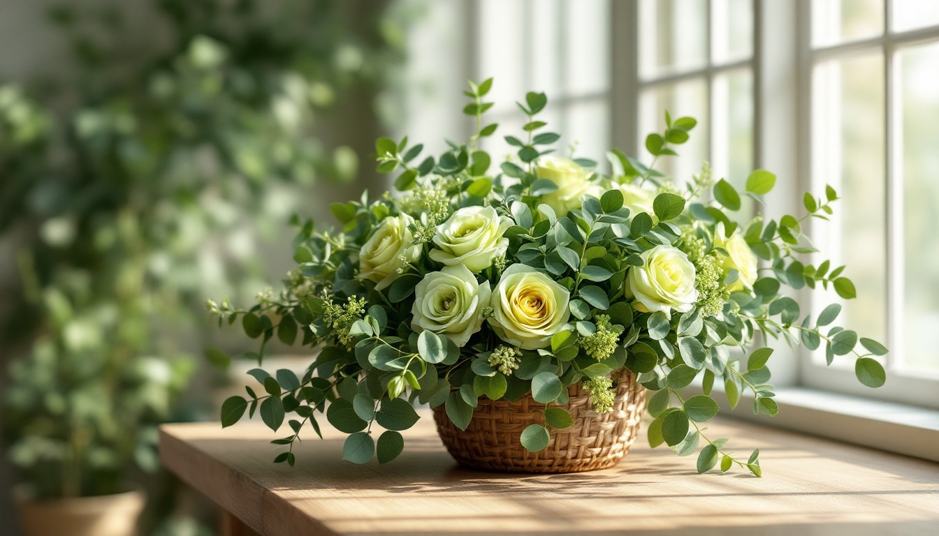 Bouquet mêlant nuances de vert avec eucalyptus et roses vertes symbolisant la croissance et l'espoir