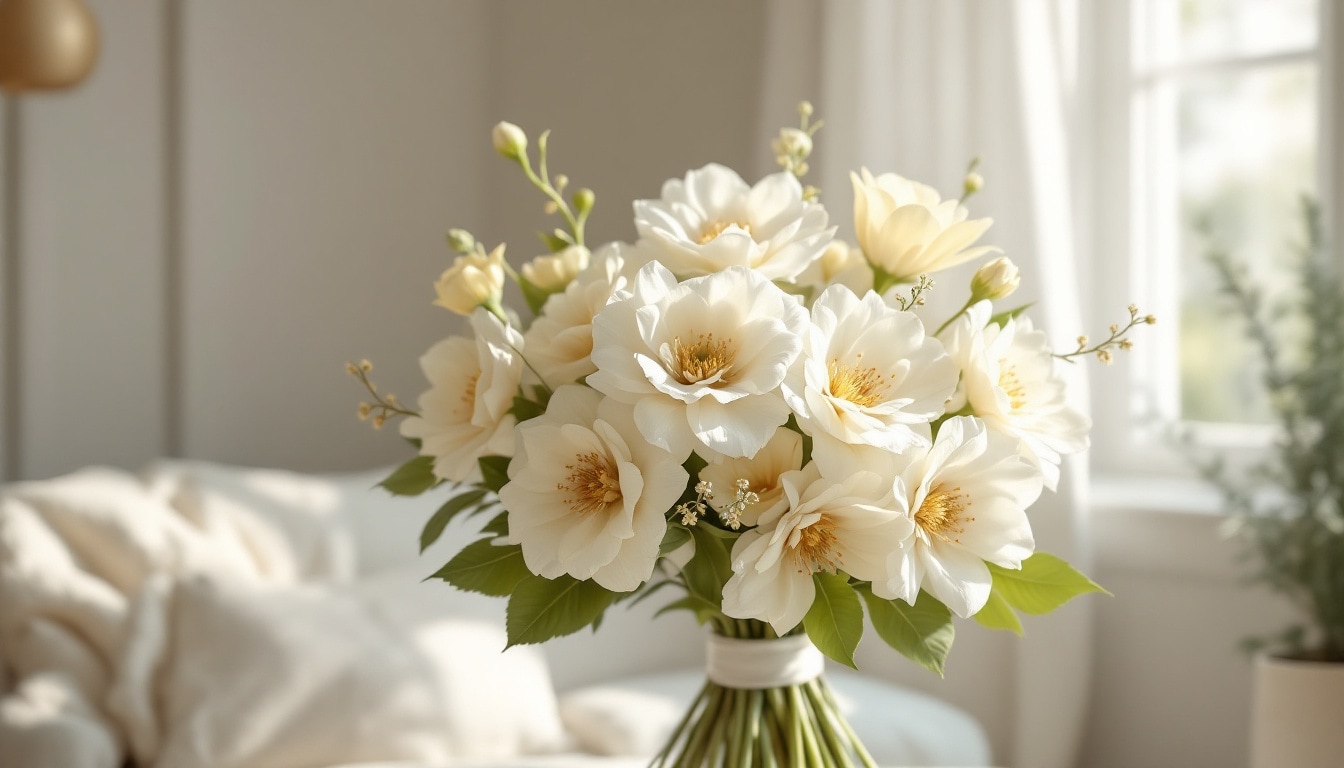 Bouquet moderne aux couleurs neutres blanc, jaune pâle et vert tendre, symbole d'inclusivité et d'élégance contemporaine