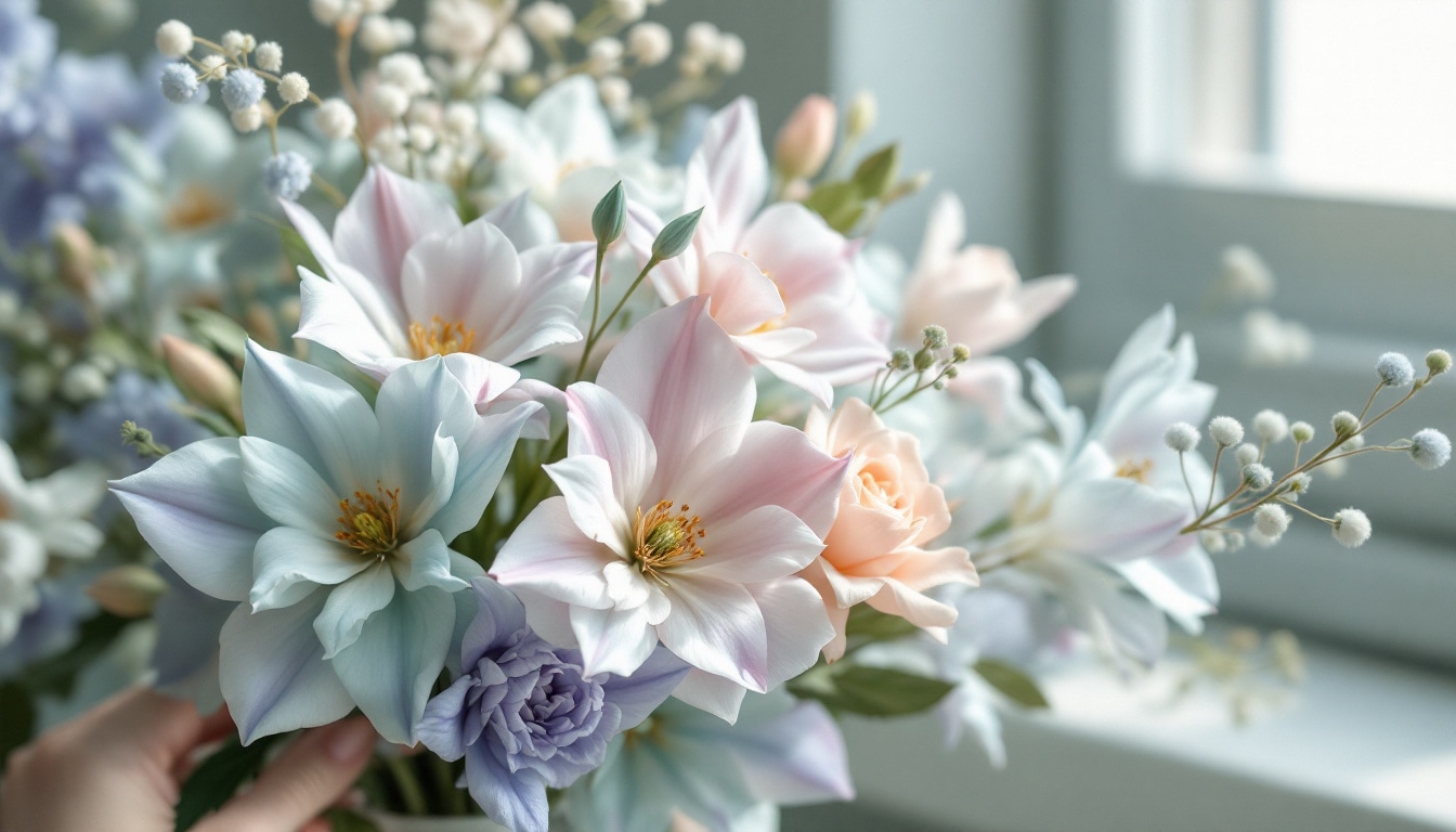 Bouquet pastel harmonieux avec lilas, bleu poudré et vert amande