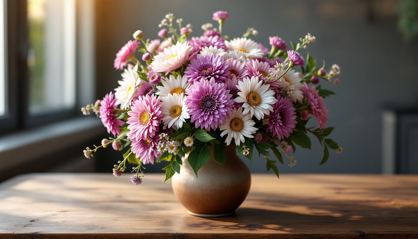 Bouquet artistique d’asters aux couleurs violette, blanche et rose dans un vase rustique