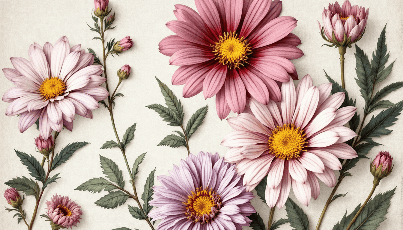 Illustration botanique réaliste détaillée d’asters