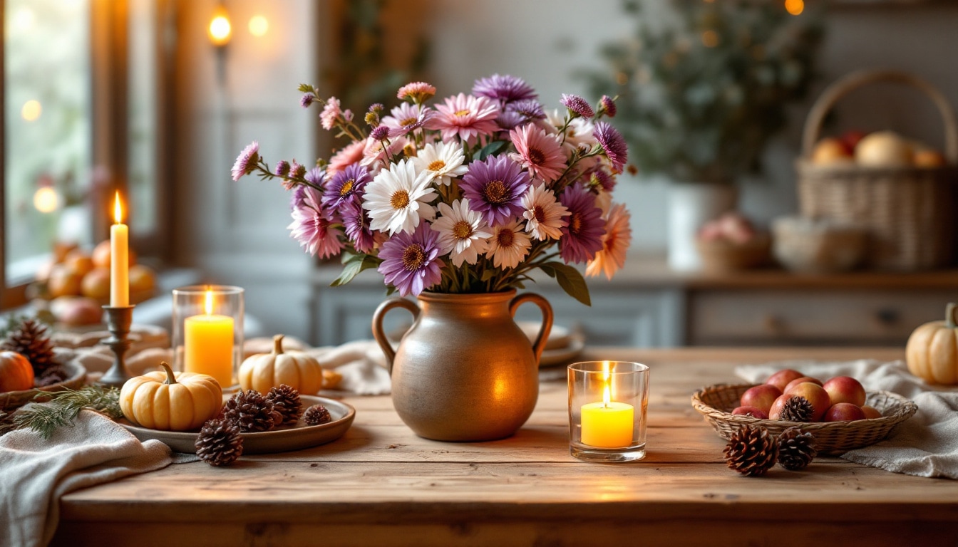 Intérieur chaleureux décoré de bouquets d’asters et éléments automnaux avec lumière douce