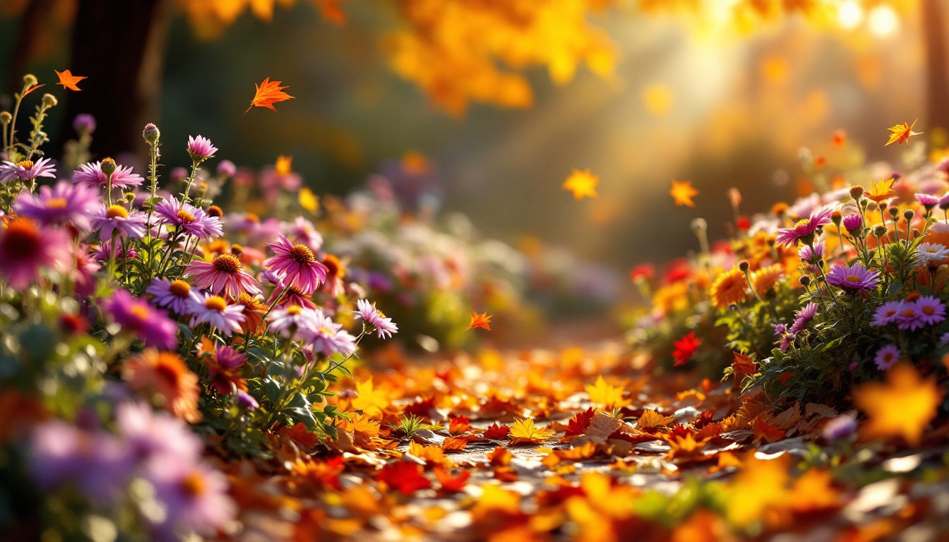 Jardin d’automne serein avec asters, dahlias et feuillages colorés sous une lumière dorée