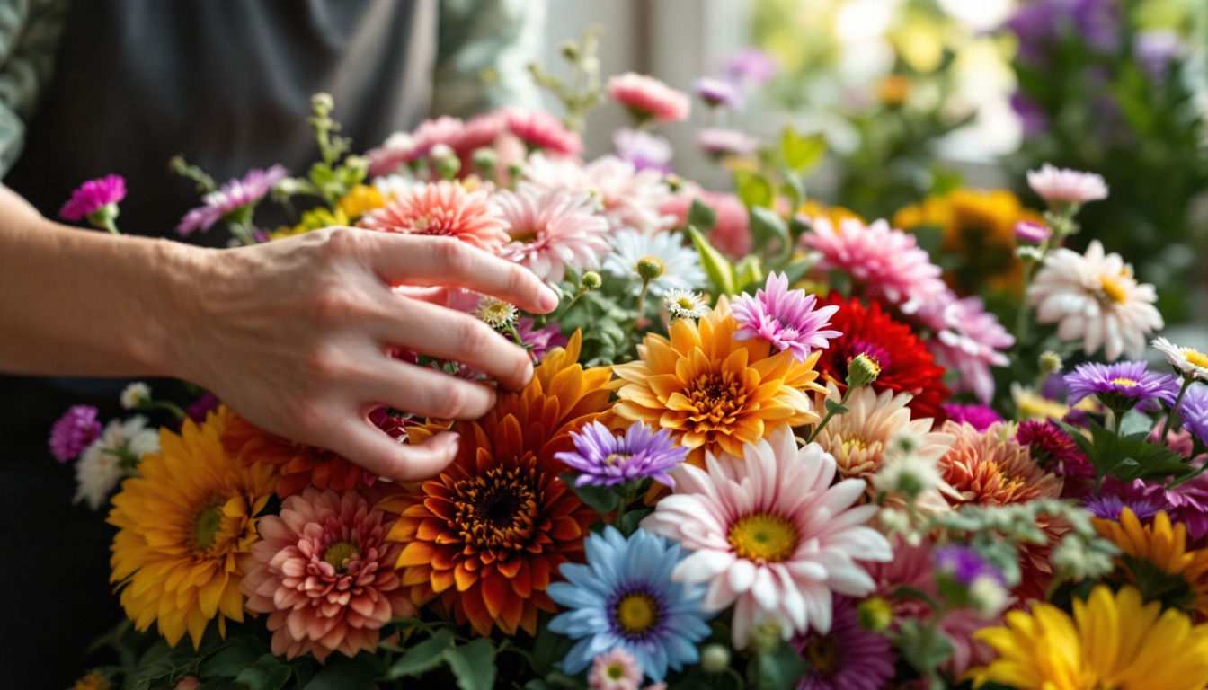 Mains d’un fleuriste expérimenté assemblant un bouquet d’asters et fleurs d’automne