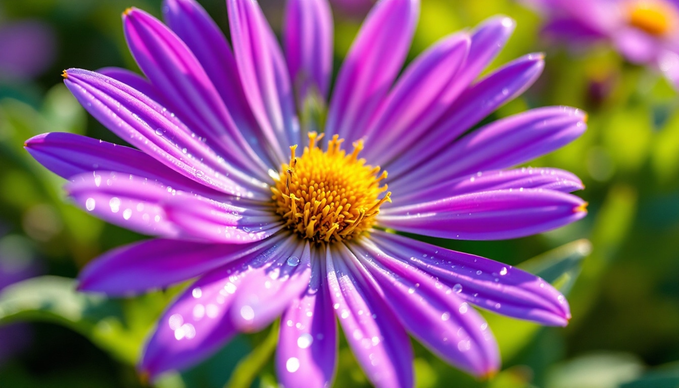 Photo macro d’une fleur d’aster violet vibrant en fleur sous la lumière du matin
