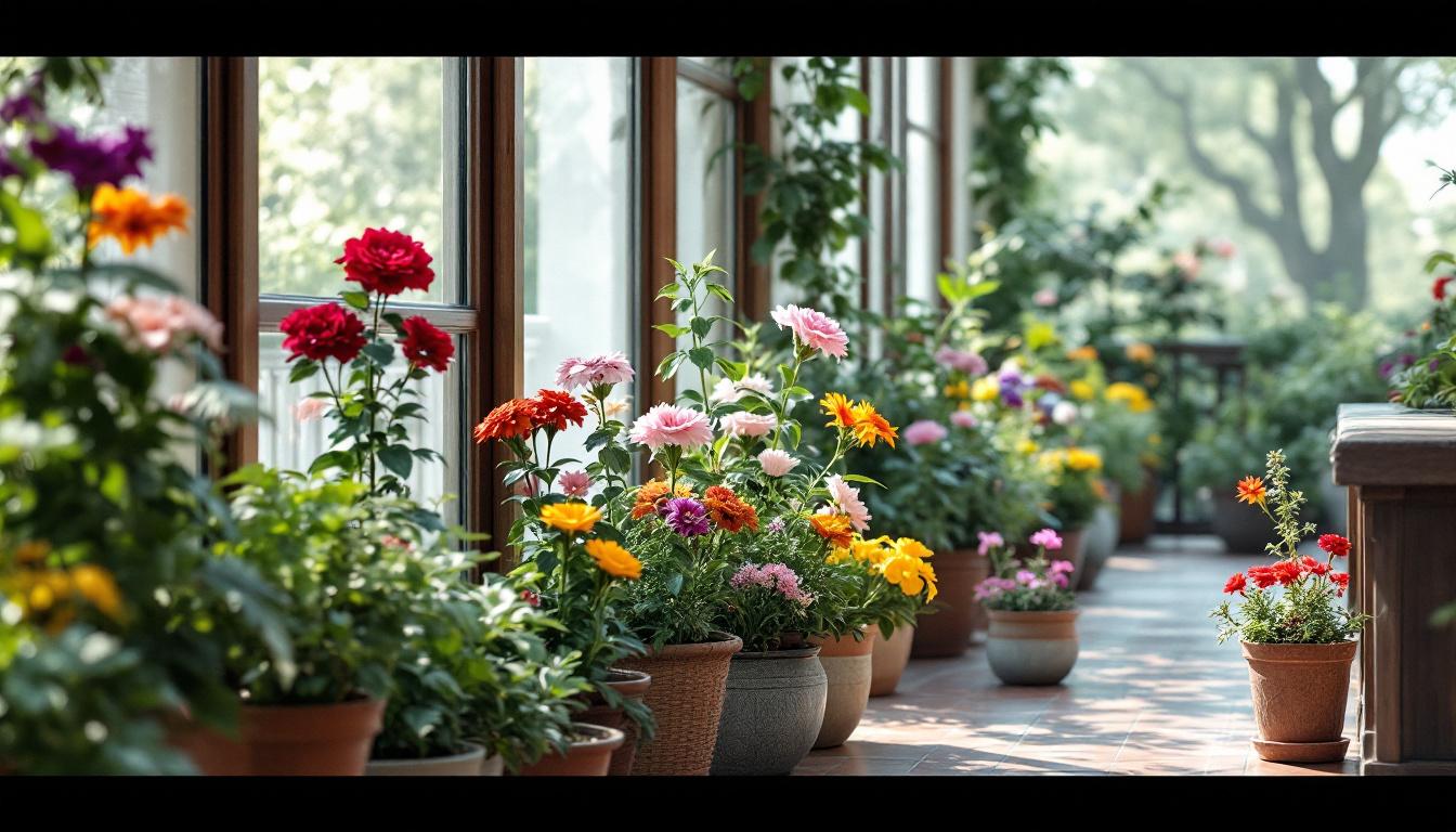 Jardin floral intérieur avec diverses fleurs de naissance cultivées en pot sur balcon lumineux