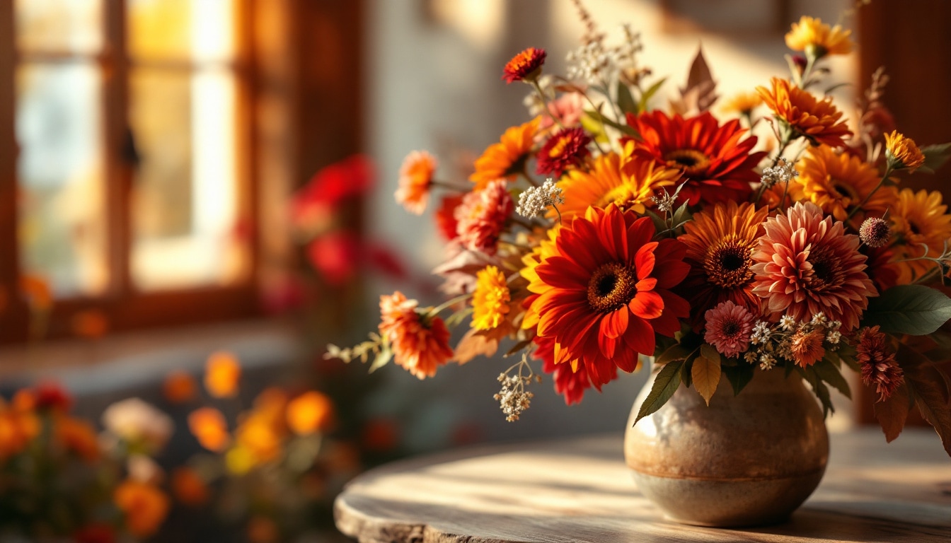 Arrangement floral automnal avec cosmos, soucis, dahlias et feuilles d'automne aux tons chauds, éclairage doré doux