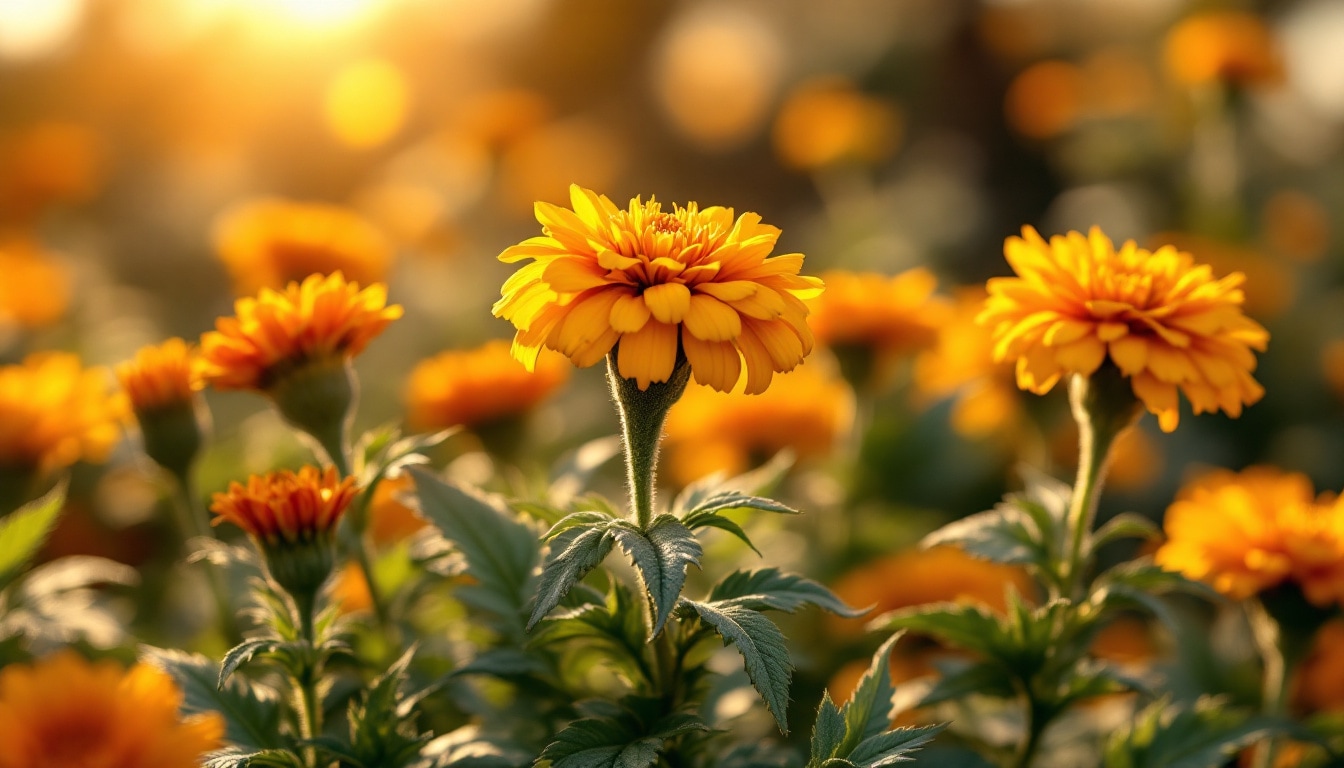 Capitules de calendula en orange et jaune lumineux dans un jardin, lumière chaude d’automne, soulignant leur usage médicinal et ornemental