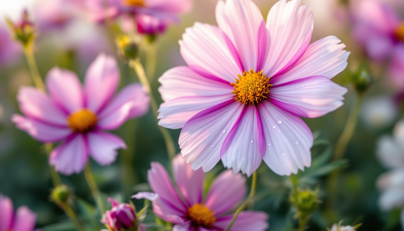 Gros plan de fleurs de cosmos avec variations de couleurs et gouttes de rosée, éclairage doux du matin