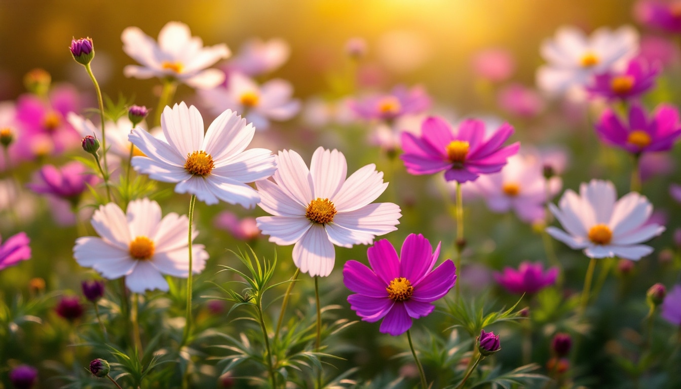 Jardin de cosmos en fleurs avec pétales étoilés et couleurs vibrantes à l'heure dorée