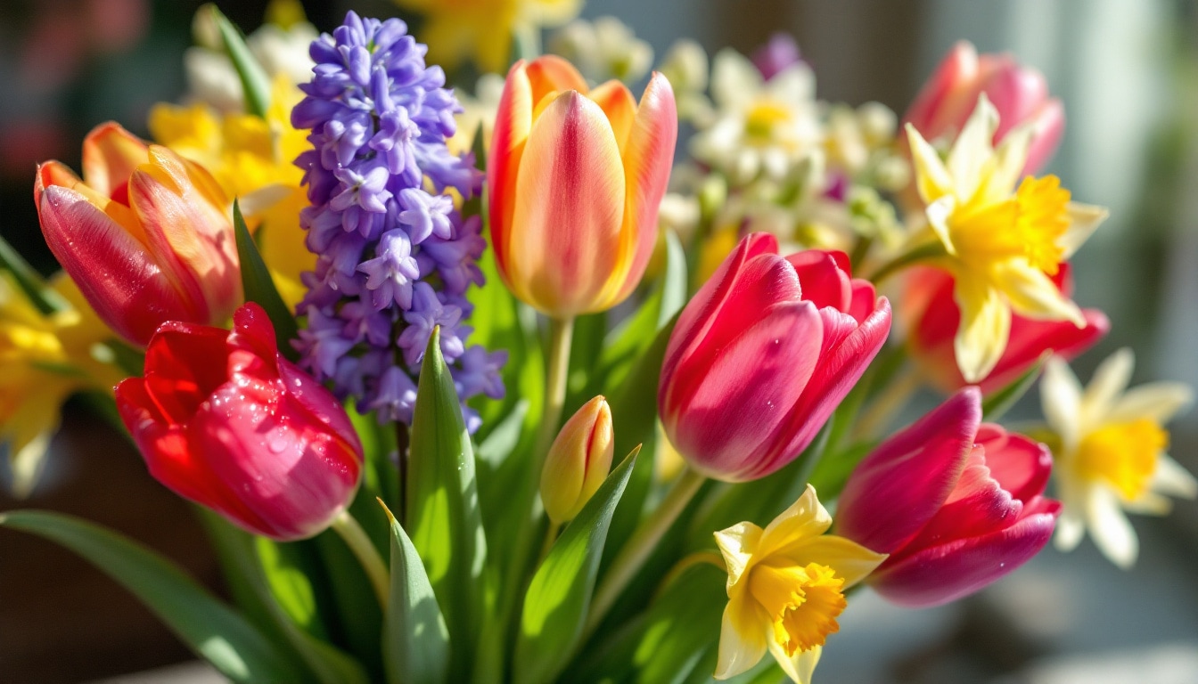 Bouquet coloré de fleurs de saison printanières, tulipes, jacinthes et narcisses