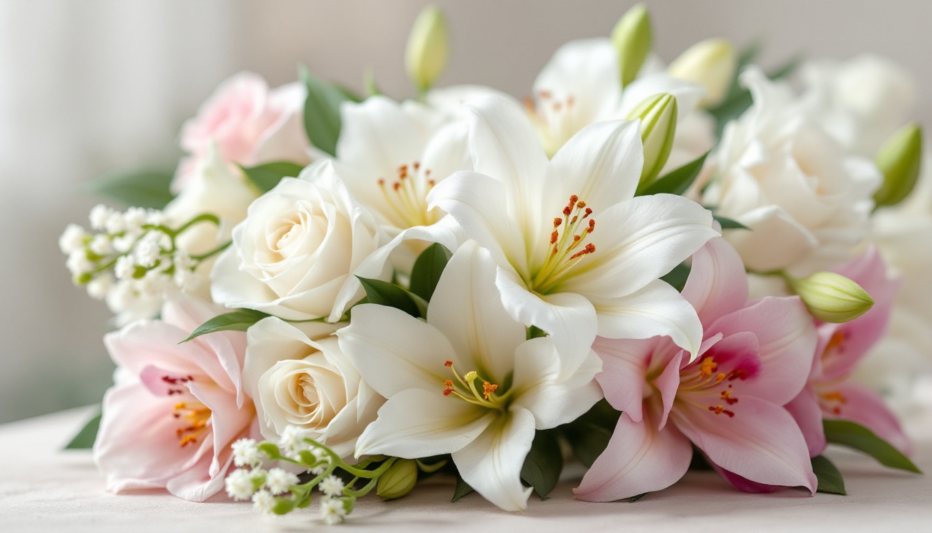 Bouquet pastel délicat composé de roses blanches, lys immaculés et orchidées