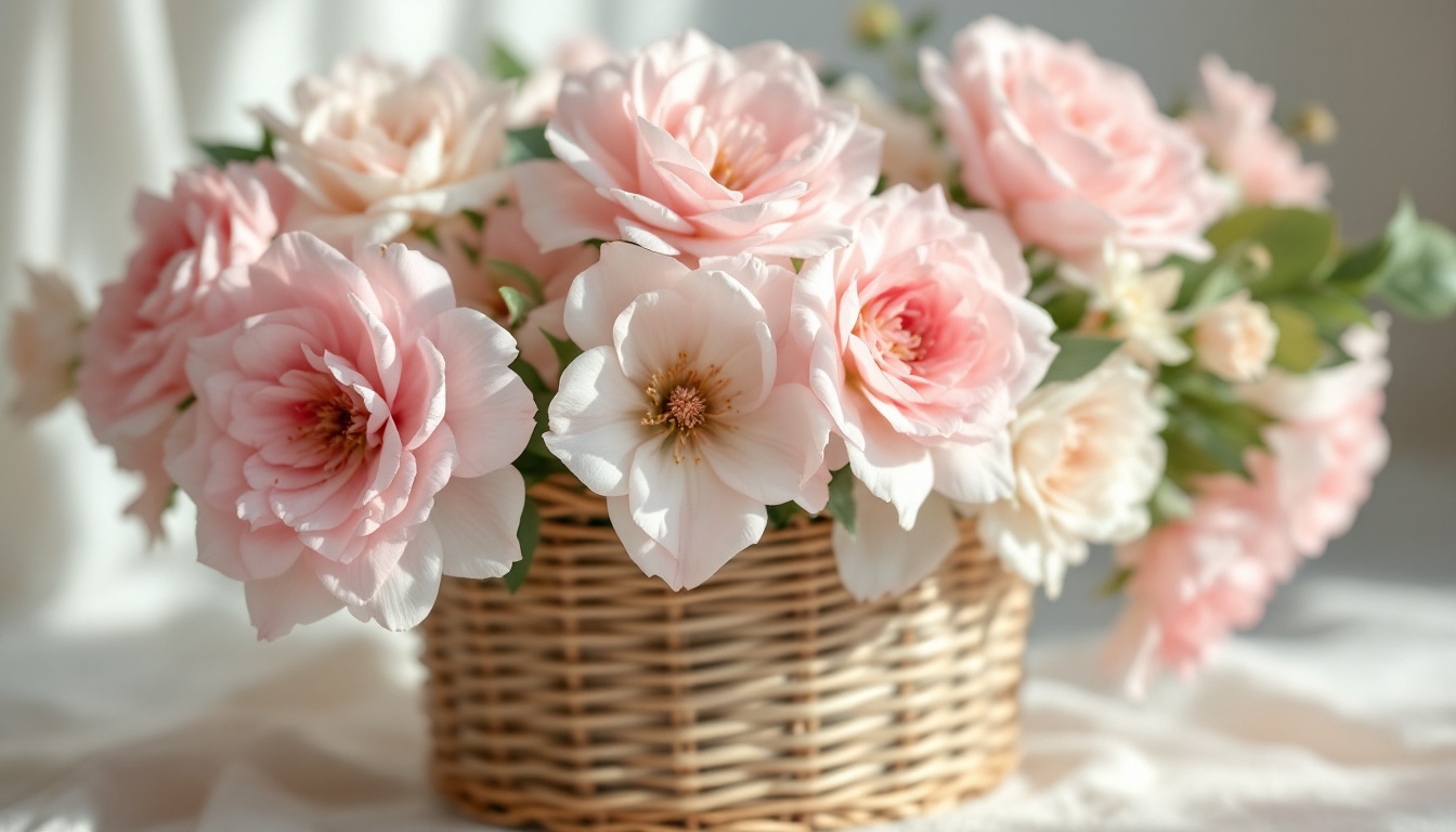 Composition florale harmonieuse aux teintes douces et panier artisanal d’osier