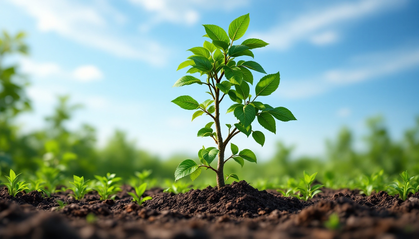 Arbre fruitier jeune planté dans un jardin symbolisant croissance et vie nouvelle