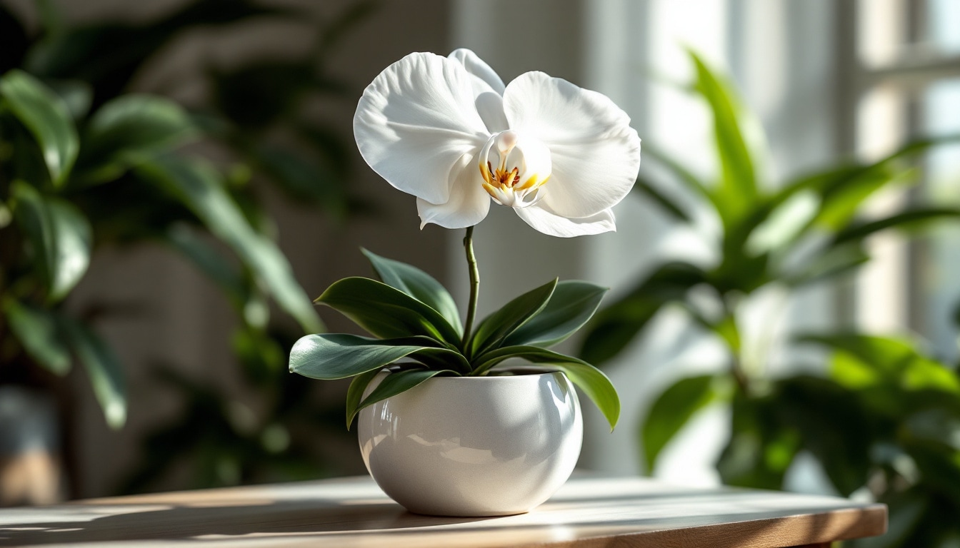 Orchidée Phalaenopsis blanche en pot élégamment présentée avec feuillage vert
