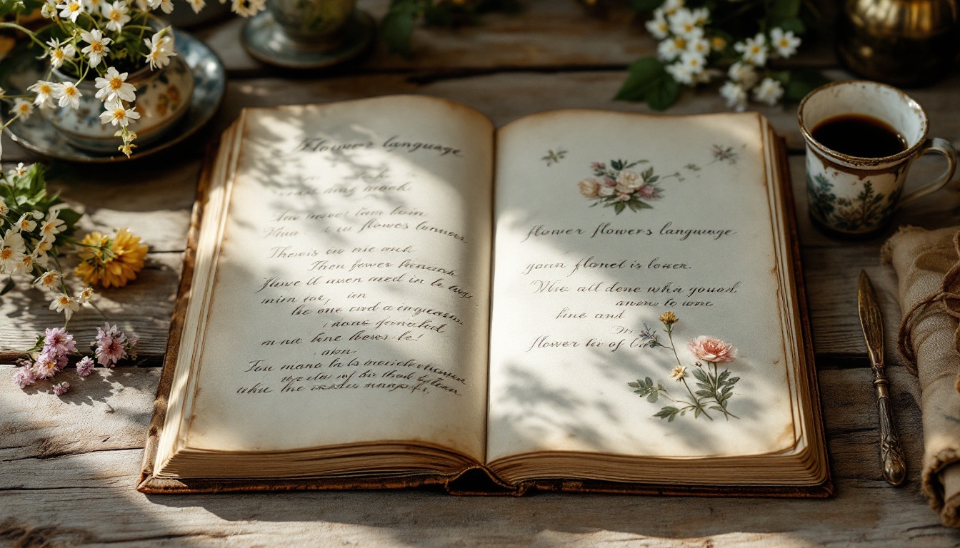 livre victorien ouvert sur le langage des fleurs avec illustrations délicates et écriture ancienne