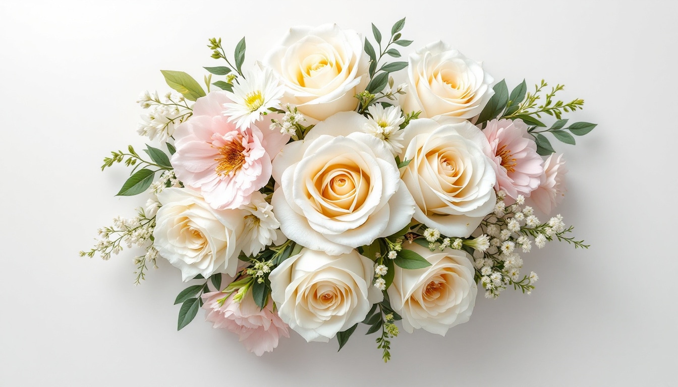 Bouquet de fleurs blanches et pastel symboliques pour une naissance dans un vase adapté